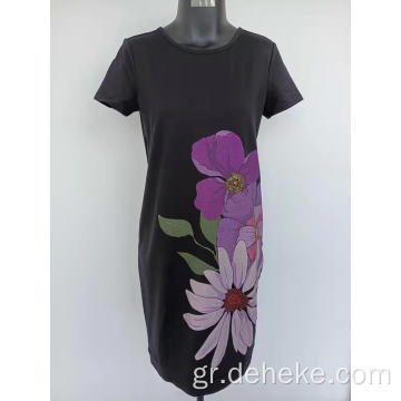 Μαύρο πλεκτό κανονικό φόρεμα λουλουδιών εκτύπωσης